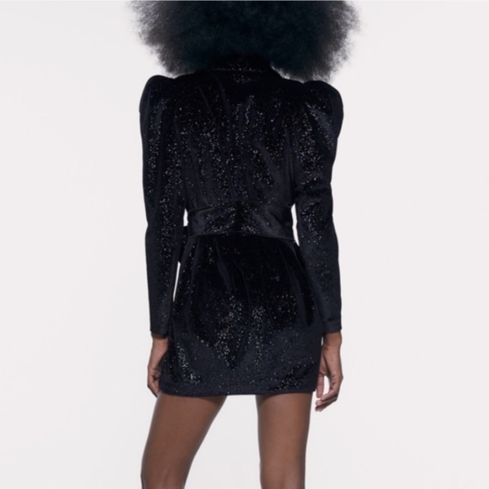 New ZARA Shiny Glittery Velvet Puff Sleeves Blazer Dress With Tie Belt - Picture 9 of 14